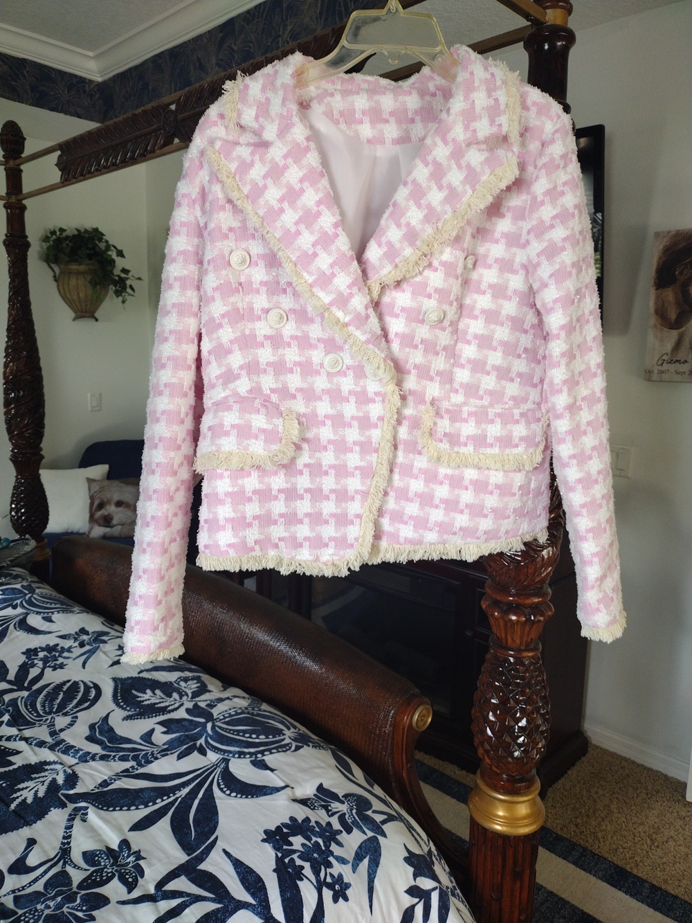 SHEIN Pink Tweed Fringe Double-Breasted Blazer